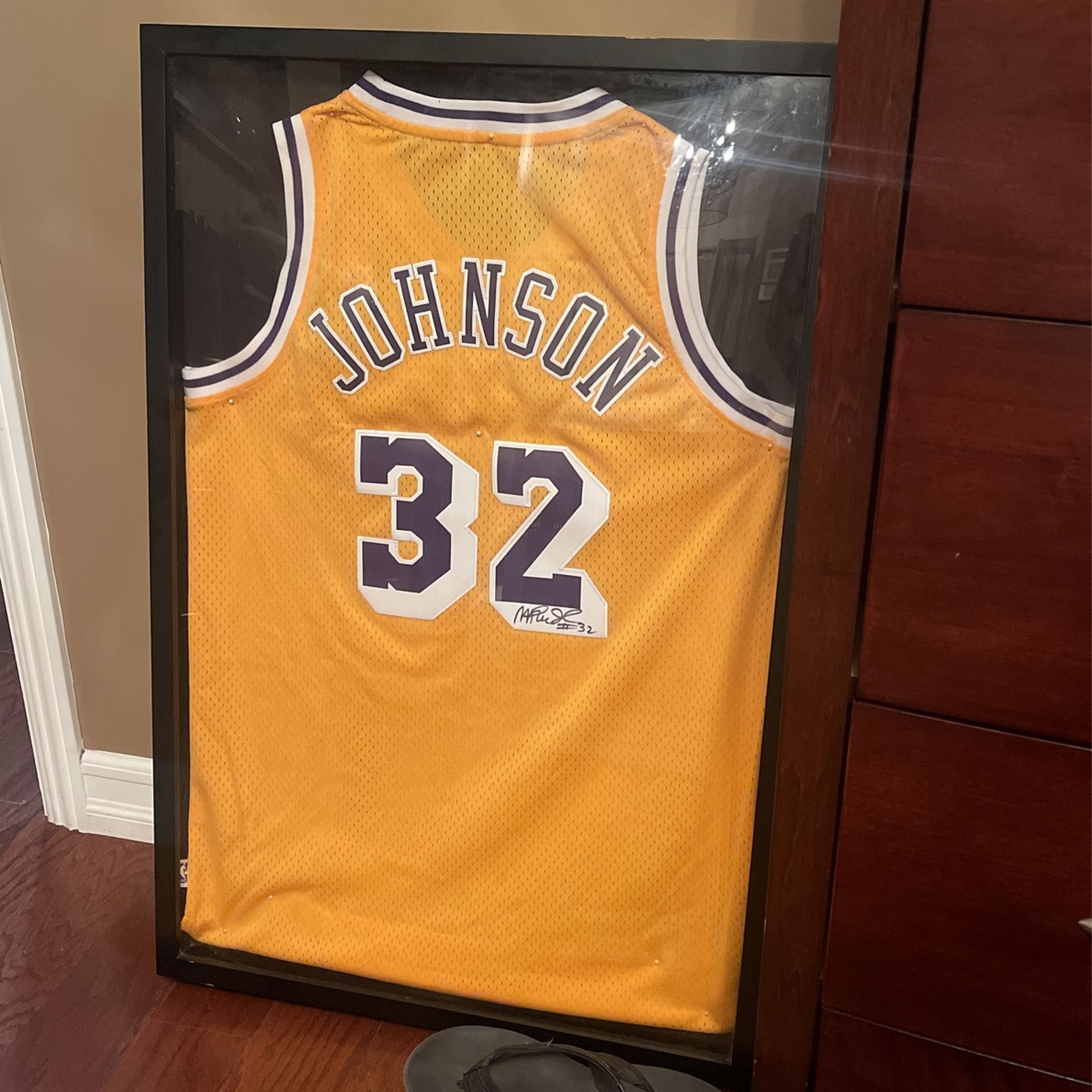 Framed Autographed Magic Johnson Jersey