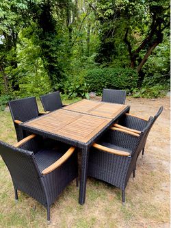 7pc Wood and Rattan Outdoor Patio Dining Furniture