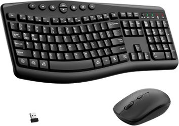 Wireless Keyboard and Mouse Combo, 2.4G Full Size Quiet Ergonomic Curved Keyboard for Natural Typing, 3-Level DPI Adjustable Silent Mouse for Windows,
