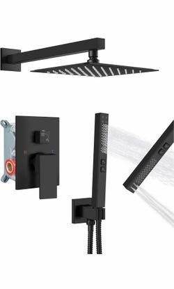 Shower Faucet Set Rainfall Shower System with Square Showerhead and Handle Set Fixture with 2 in 1 Function Handheld Sprayer Wall Mounted Trim Repair 