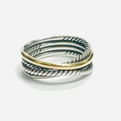 David Yurman Crossover Band Ring in Sterling Silver with 18K Yellow Gold Size 6.5