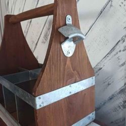 NEW....Wood & Metal 6 Pack Carry Caddy.....See Pics &  Details in Description 