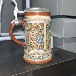 Vintage Gerz Handpainted Pewter Lidded Ceramic Beer Stein Angels Dog #10 Dancing