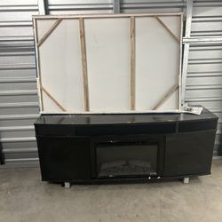 Wood Entertainment Tv Stand With Speaker And Fireplace 