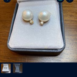 14K Real Gold Pearl Diamond Stud Earrings 