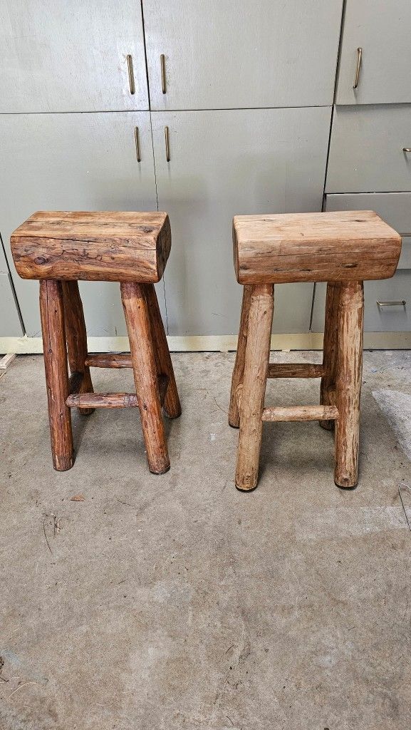 Rustic Handcrafted Wooden Stools – Set of 2