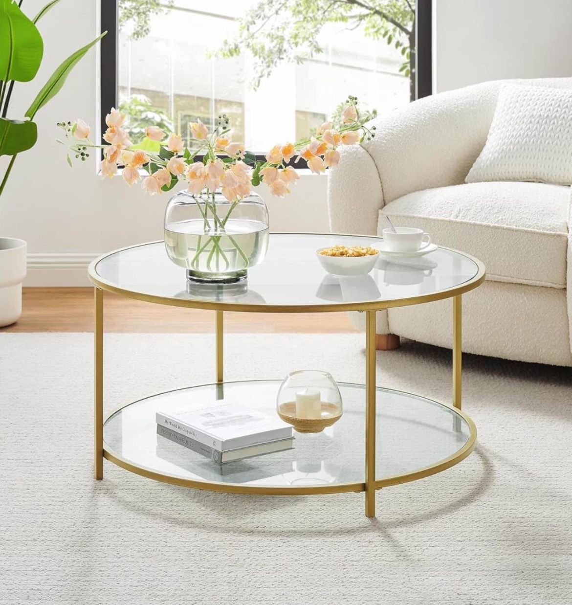 Round Side Table, Small Coffee Table, 2-Tier Tempered Glass End Table with Steel Frame, Bedside Table, with Open Storage Shelf, Modern Sty