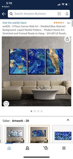 3 Piece Canvas Wall Art - Marbled Blue Abstract Background- New