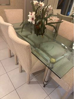 Modern Glass Dining Table w/ 6 Upholstered Chairs – Excellent Condition