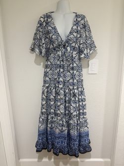 Taylor Blue White Jacquard Tie Front Flutter Sleeve Maxi Dress Size 8