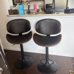 Set of 2 Modern Adjustable Bar Stools – Black Leather & Wood