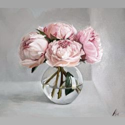 Original Art Painting Oil - PEONIES IN A GLASS VASE