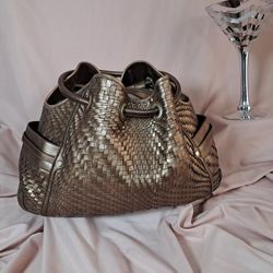 Authentic  XL Cole Haan Genevieve Weave Bronz Metalic Leather Bag