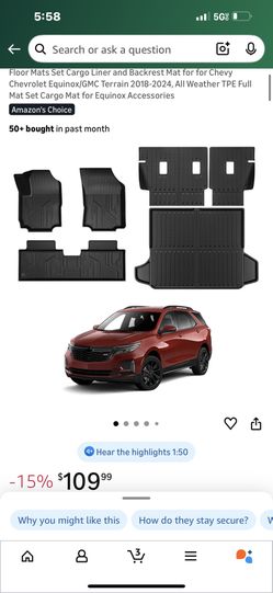 Floor Mats Set Cargo Liner and Backrest Mat for for Chevy Chevrolet Equinox/GMC Terrain 2018-2024, All Weather TPE Full Mat Set Cargo Mat for Equinox 