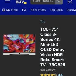 TCL - 75" Class 8-Series 4K Mini-LED QLED Dolby Vision HDR Roku Smart TV - 75Q825