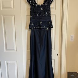2 Piece Navy Blue Beaded Top With Long Skirt