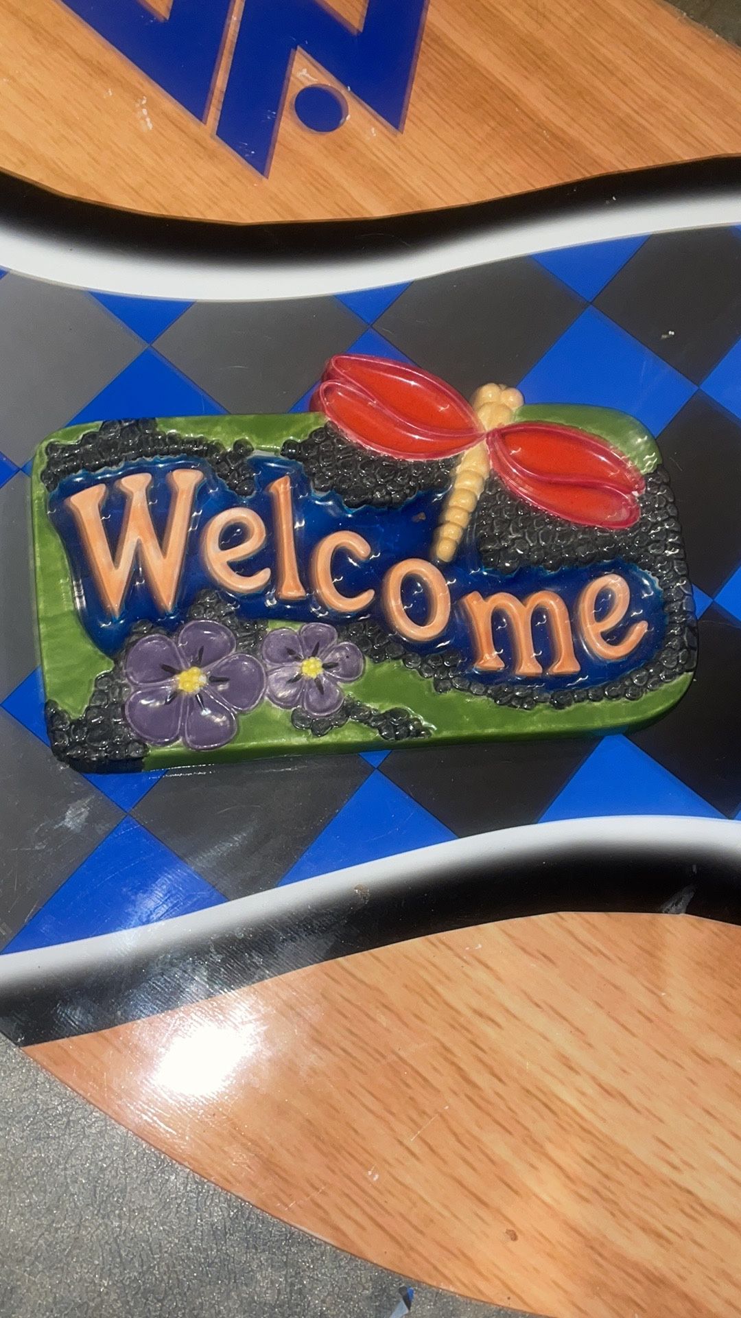 Ceramic Colorful Welcome Sign with Dragonfly Design/ Hand-Painted 