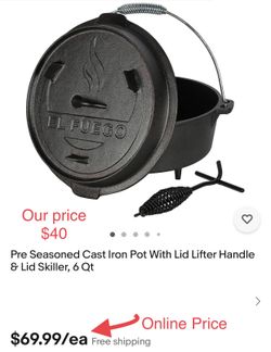 Pre Seasoned Cast Iron Pot With Lid Lifter Handle & Lid Skillet