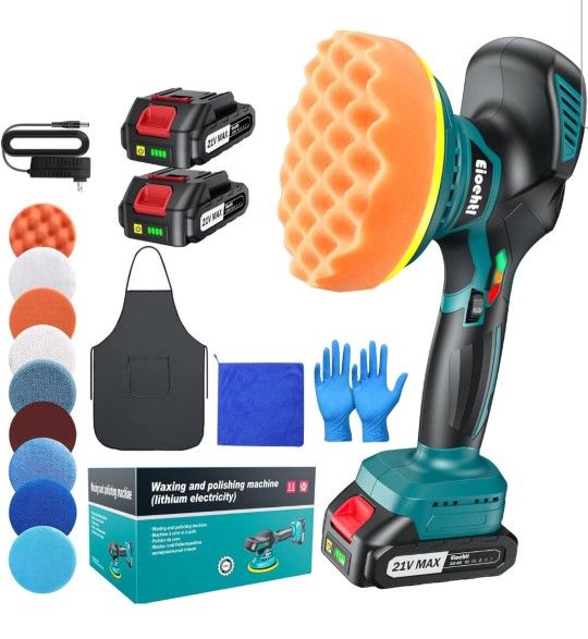 Cordless Buffer Polisher - 6 inch Car Polisher with 2pcs 21V 2000mAh Lithium Battery and 13 PCS Attachments, Car Buffer Polisher 6 Variable Speed 5500