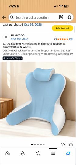 22" XL Reading Pillow Sitting in Bed,Back Support & Armrests(Blue & White) OEKO-TEX,Back Rest & Lumbar Support Pillows, Bed Rest Chair Cushion,Reclini