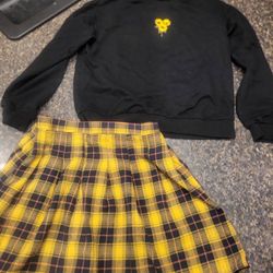 Girls 11-12 Shein sunflowers black long sleeve blouse with yellow/black plaid skirt 2pc Lot AF