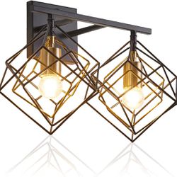 2-Lights Bathroom Light fixtures Over Mirror, Bathroom Vanity Light Fixtures Modern Lighting Black and Gold Brushed Brass with Unique Rotatable 3 Cube