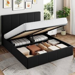 🎃 Queen Size Lift Up Storage Bed Frame with Headboard, Black Adjustable Headb