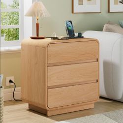 24'' Tall Curved Nightstand with Charging Station, 23'' Wide Wood Bedside Table w/ 3 Storage Drawers