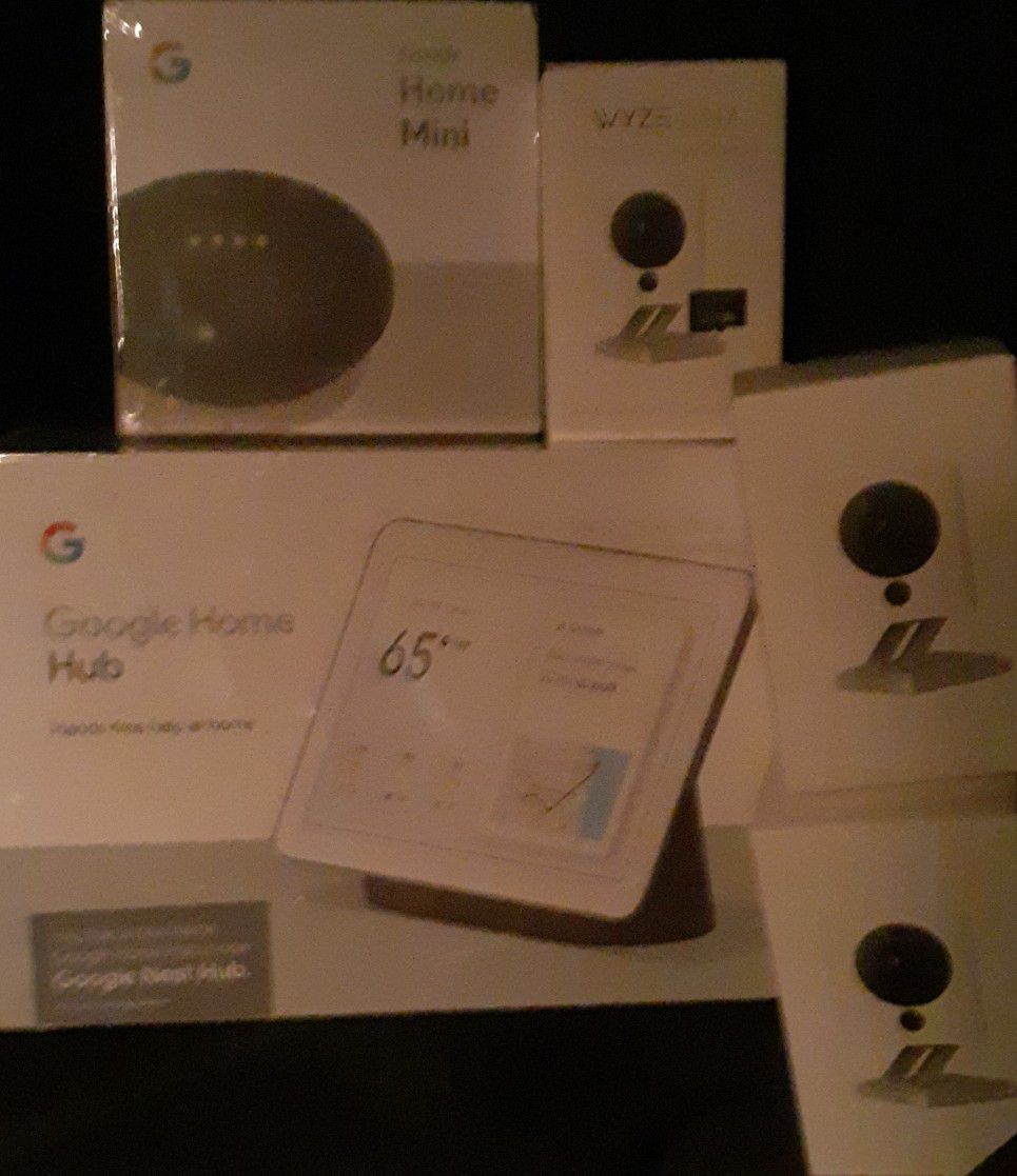 Google Home Hub, Google Home Mini and 3 WYZ Cameras