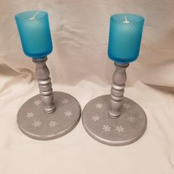 Set Of 2 Handcrafted Wooden FROZEN candlesticks 