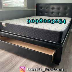 Queen Black Tufted Platform Bed w. Drawer & Orthopedic Mattress Included 