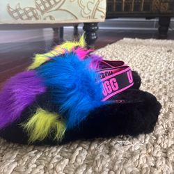 Black And Multicolor Faux Fur Ugg Slides Size 8