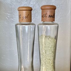 Bath Salts & bath gel bottles  12” Tall  Heavy Glass From 2000   Open Pic To See Entire Bottles  