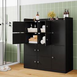 43.6'' Bathroom Floor Cabinet, Freestanding Storage Closet, with 4 Layers 10 Storage Cabinet, White/Black