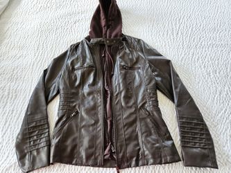 Brown Faux Leather Jacket w/ Removable Vest and Hoodie