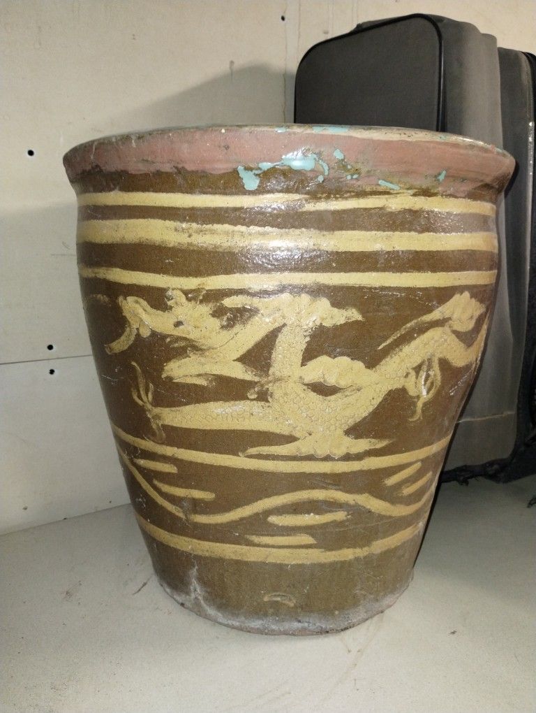 Antique circa 1900 Chinese Large 100 Year Old Egg Earthenware Dragon Planter Pot