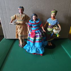 1990-1 Avon Nigeria, Native American, And Hispanic Porcelain Doll Collection With Stand 8" Tall