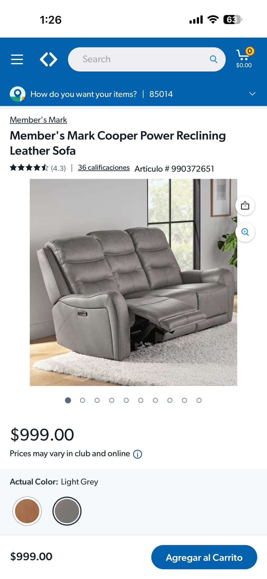 Member's Mark Cooper Power Reclining Leather Sofa New Sillón Reclinable new