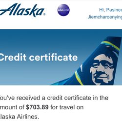 $703 Alaska Airline credit Certificate 