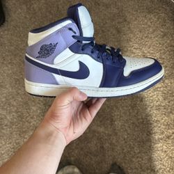 Size 9.5 Nike Air Jordan 1 Mid (white with purple/lavender and navy tones) For Sale 