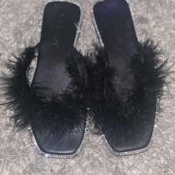 Black Fuzzy Rhinestoned Sandals