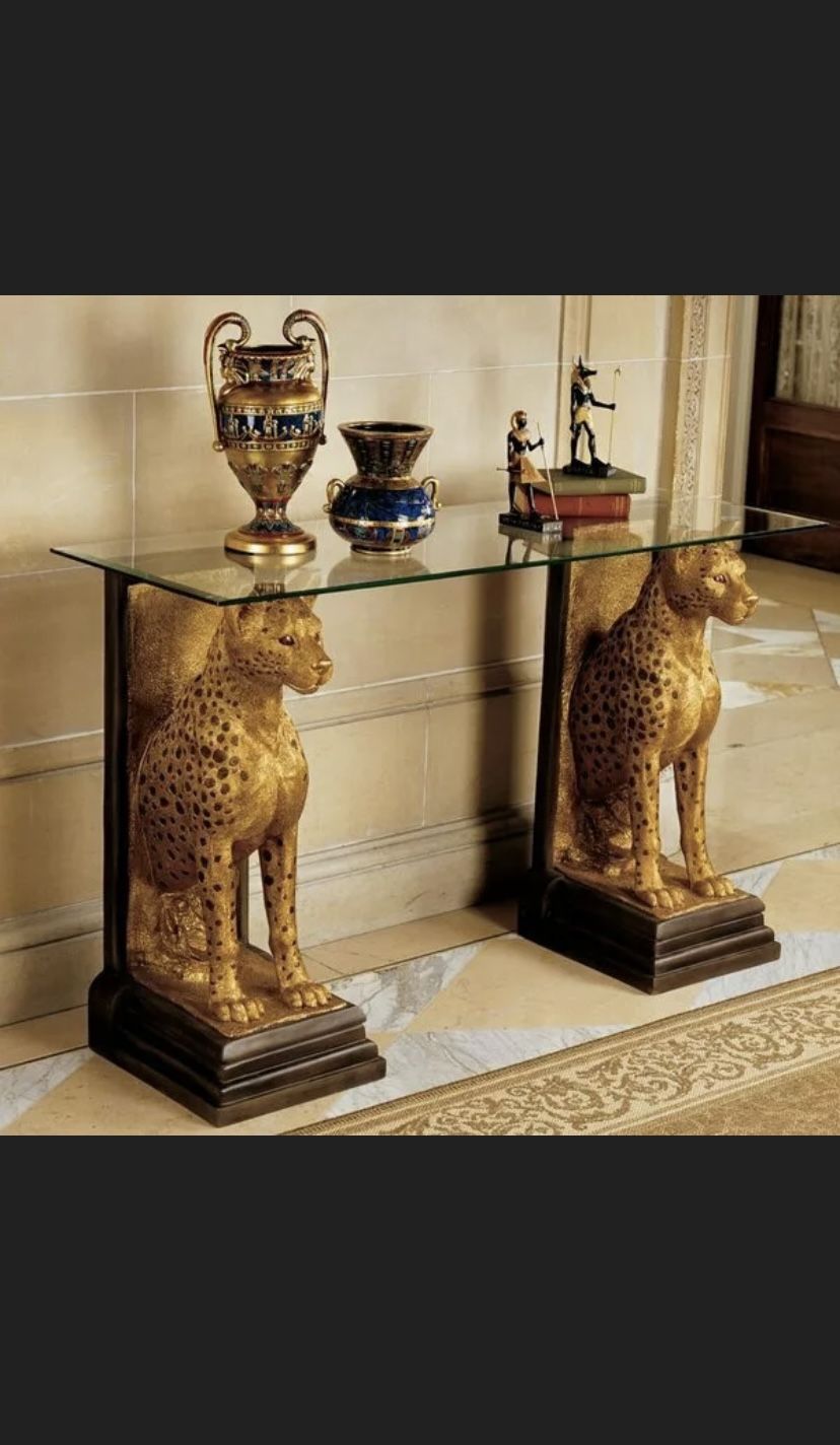 Egyptian Cheetah Console Table Gold Twin Statue Desk Glass Top