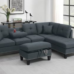 Sectional Sofa Dark Gray Storage Ottoman Included Accent Pillows Nailhead Trim Two Cup Holders  6x8 pick up can deliver