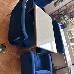 Faux Marble Table 2 Blue Velvet Benches 2 Blue Velvet Wingback Chairs