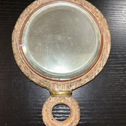 Antique 1910 faux Antler hand mirror sterling silver Gold Logo Victoria Style 7”