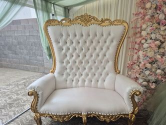 Double high back chair queen throne in white vinyl and gold wood frame