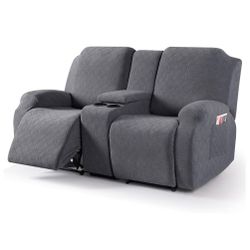 7621: Recliner Loveseat Cover with Middle Console Stretch Reclining Sofa Slipcover for 2 Seat Jacquard Reclining Couch Sofa Covers Furniture Protector