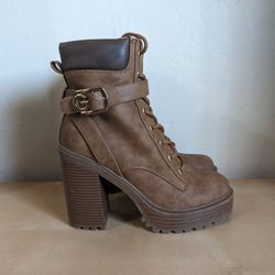 GBG Los Angeles Slythe Faux Leather Tan Lace-Up Zippered High Heel Boots Women's Size 8.5