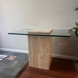 Vintage MCM Travertine Marble Table with “Floating” Glass