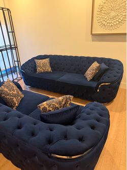 Velvet Blue Couch With Love Seat